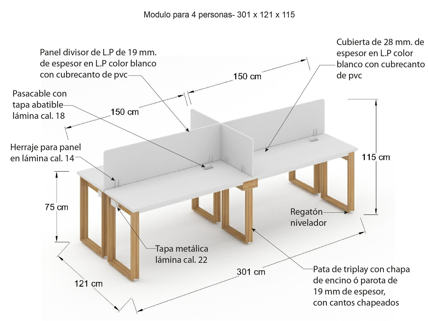 Modulo en Espejo 4 lugares de 120cm 4TPY12
